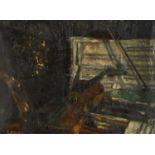 Still life bust with instrument and sheet music, continental school oil on canvas laid on board,