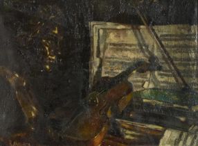 Still life bust with instrument and sheet music, continental school oil on canvas laid on board,