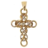 Renaissance Revival 9ct two tone gold diamond solitaire cross pendant, 2.8cm high, 1.4g