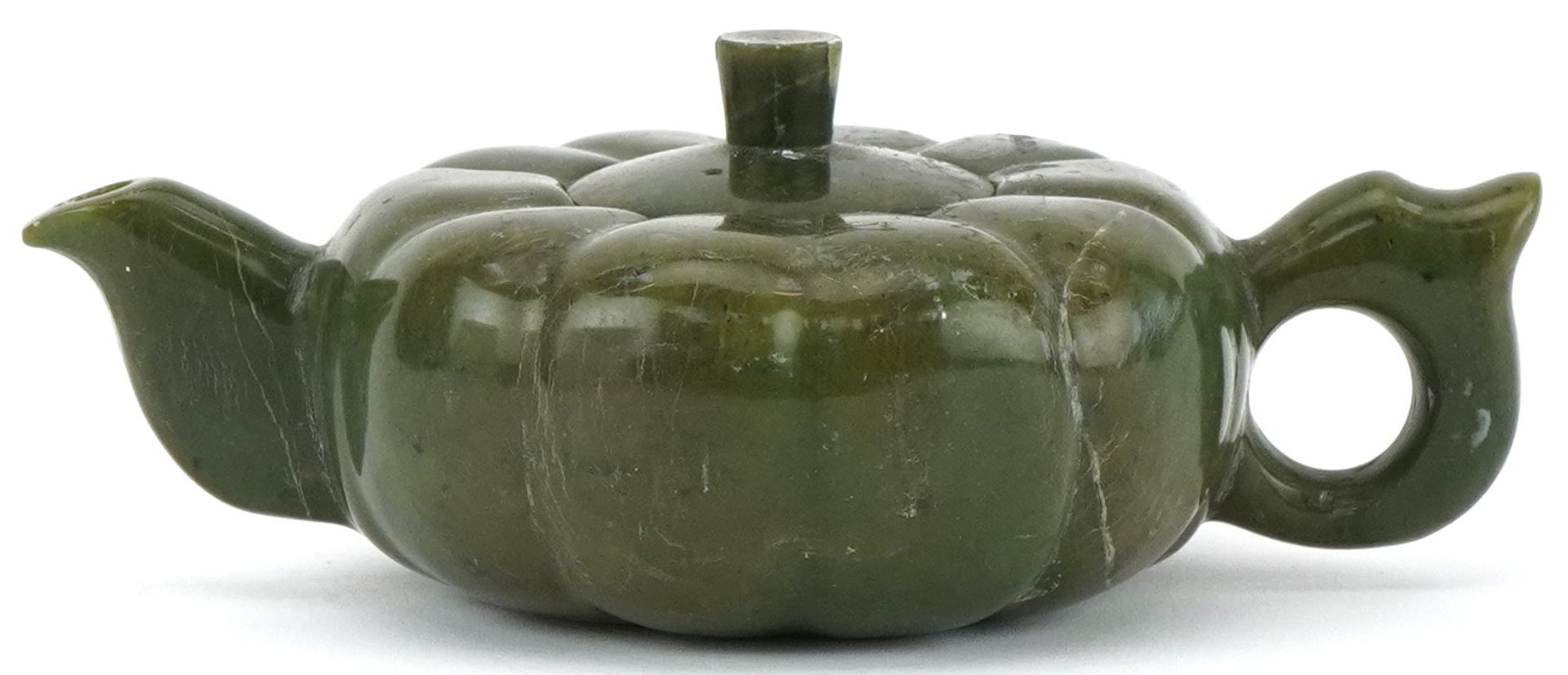 Chinese carved jadeite teapot in the form of a melon, 17cm wide - Image 2 of 7