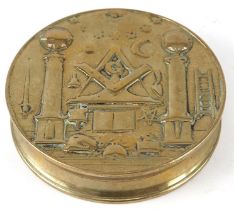 Masonic interest brass tobacco box, 9cm in diameter