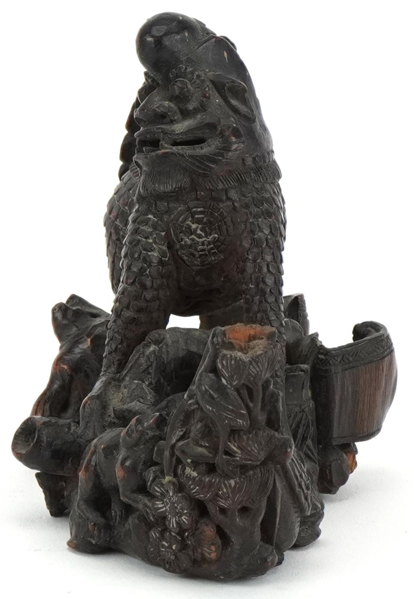 Good quality Chinese carved hardwood Foo dog, rabbit, bird and flowers with fish carved base, 13cm - Image 4 of 7