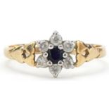 9ct gold blue spinel and clear stone flower head ring with love heart design shoulders, size N, 1.4g