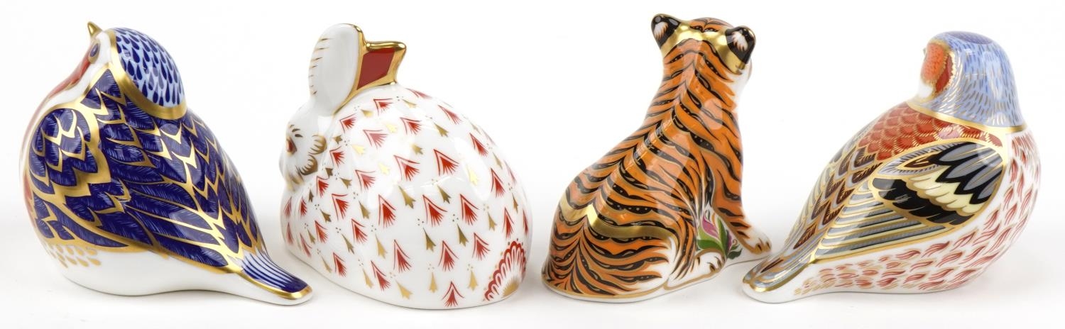 Royal Crown Derby rabbit, Sumatran tiger cub and Chaffinch paperweights with gold coloured - Image 3 of 4