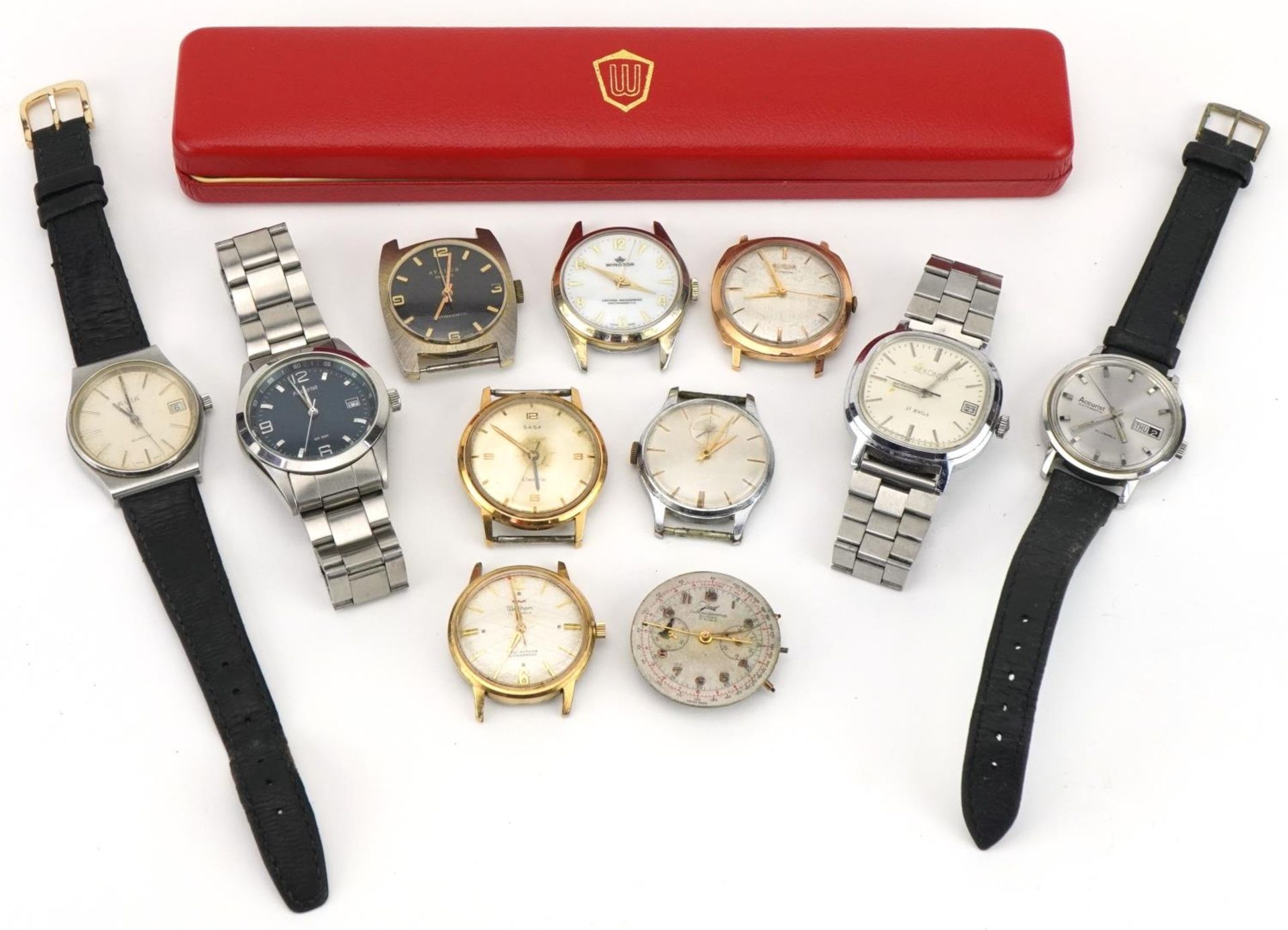 Eleven vintage gentlemen's wristwatches including Waltham, Singer, Avia, Accurist and Saga Electric,