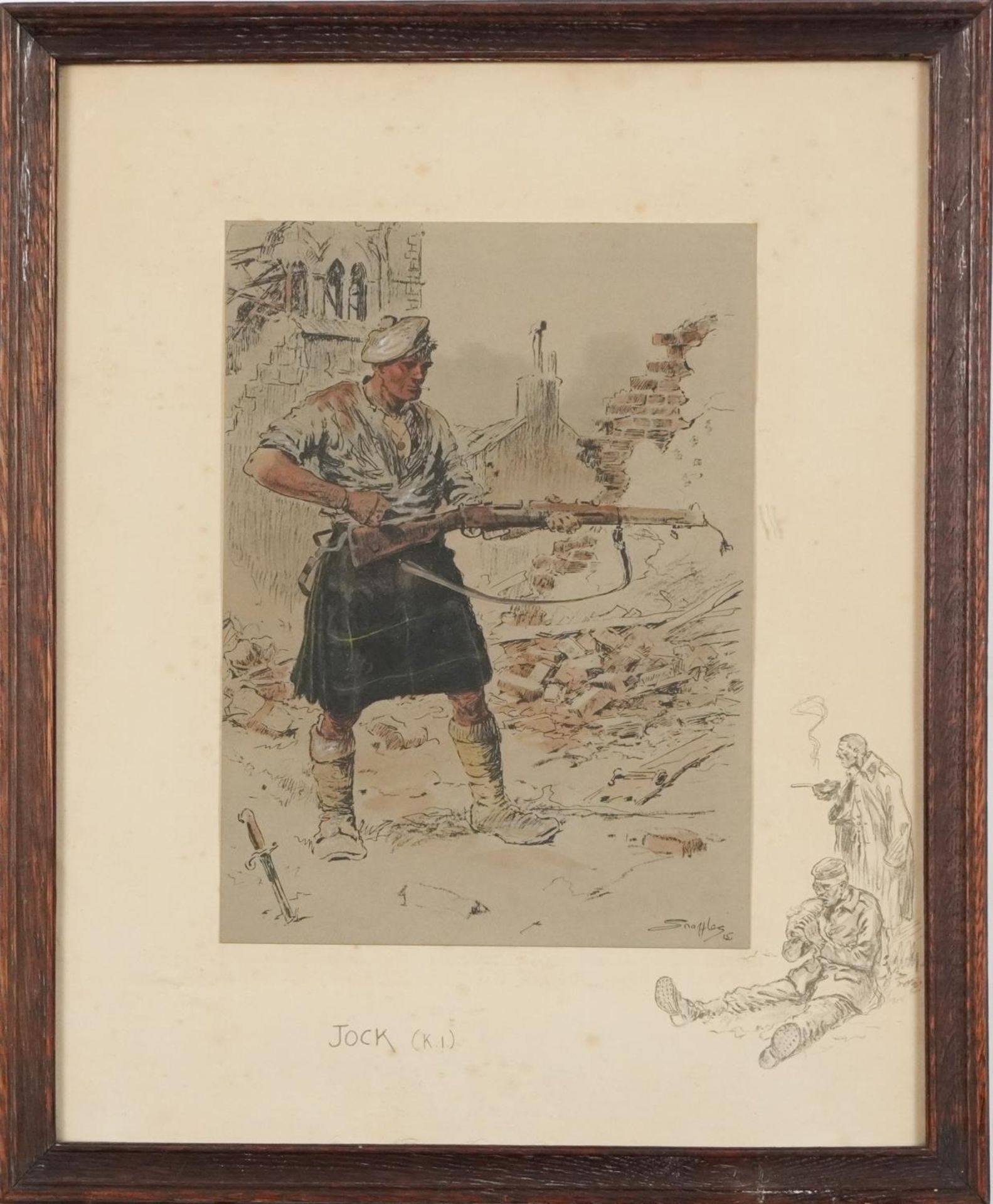 Jock KI- World War I interest Snaffles print, framed in contemporary oak frame, 43cm x 34cm - Image 2 of 4