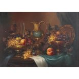 Deak - Still life fruit on a table, Old Master style oil on canvas, in a gilt frame, 70cm x 50cm and