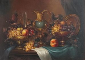 Deak - Still life fruit on a table, Old Master style oil on canvas, in a gilt frame, 70cm x 50cm and