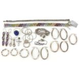 Silver and white metal jewellery including multi gem three row bracelet, hoop earrings and a lapis