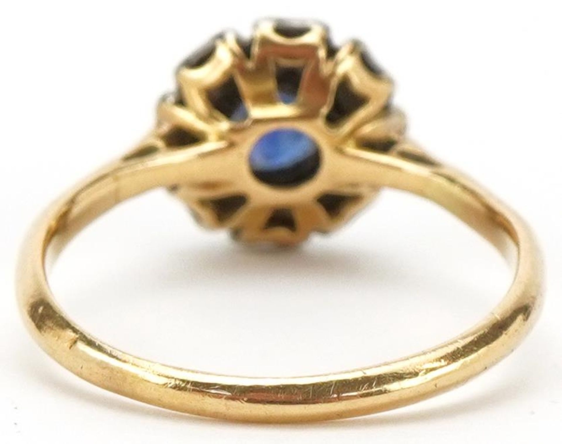 18ct gold and platinum sapphire and diamond flower head ring, size L, 2.2g - Image 2 of 4