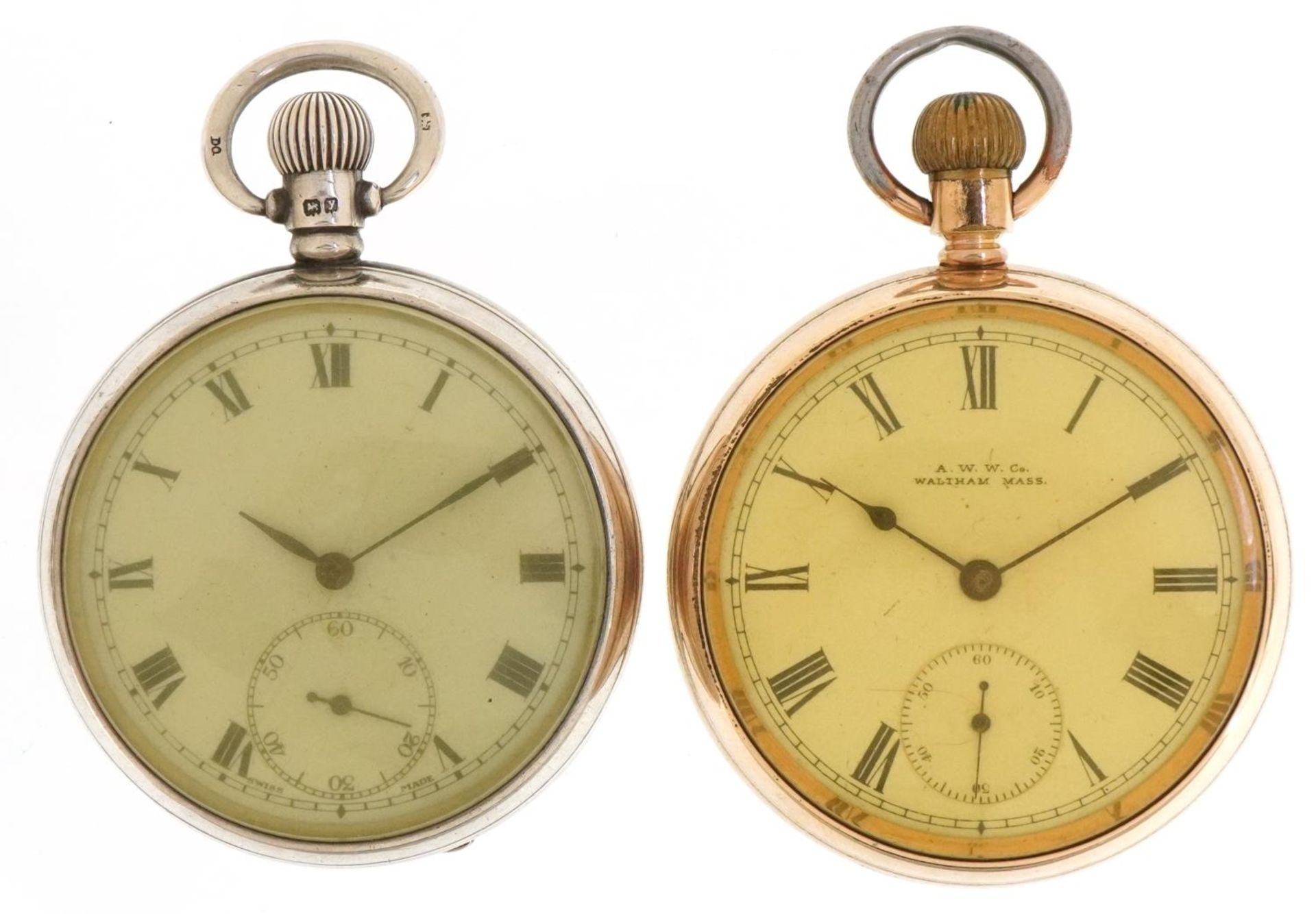 Two gentlemen's open face keyless pocket watches with two silver sports jewels and a white metal - Bild 2 aus 6
