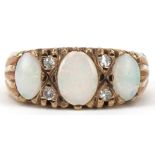 Antique style 9ct gold opal and diamond half eternity ring with ornate setting, size J, 3.5g