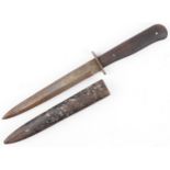 German military interest boot knife with sheath and steel blade having impressed mark, 29cm in