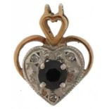 9ct gold diamond and sapphire pendant in the form of a love heart, 1.4cm high, 1.0g