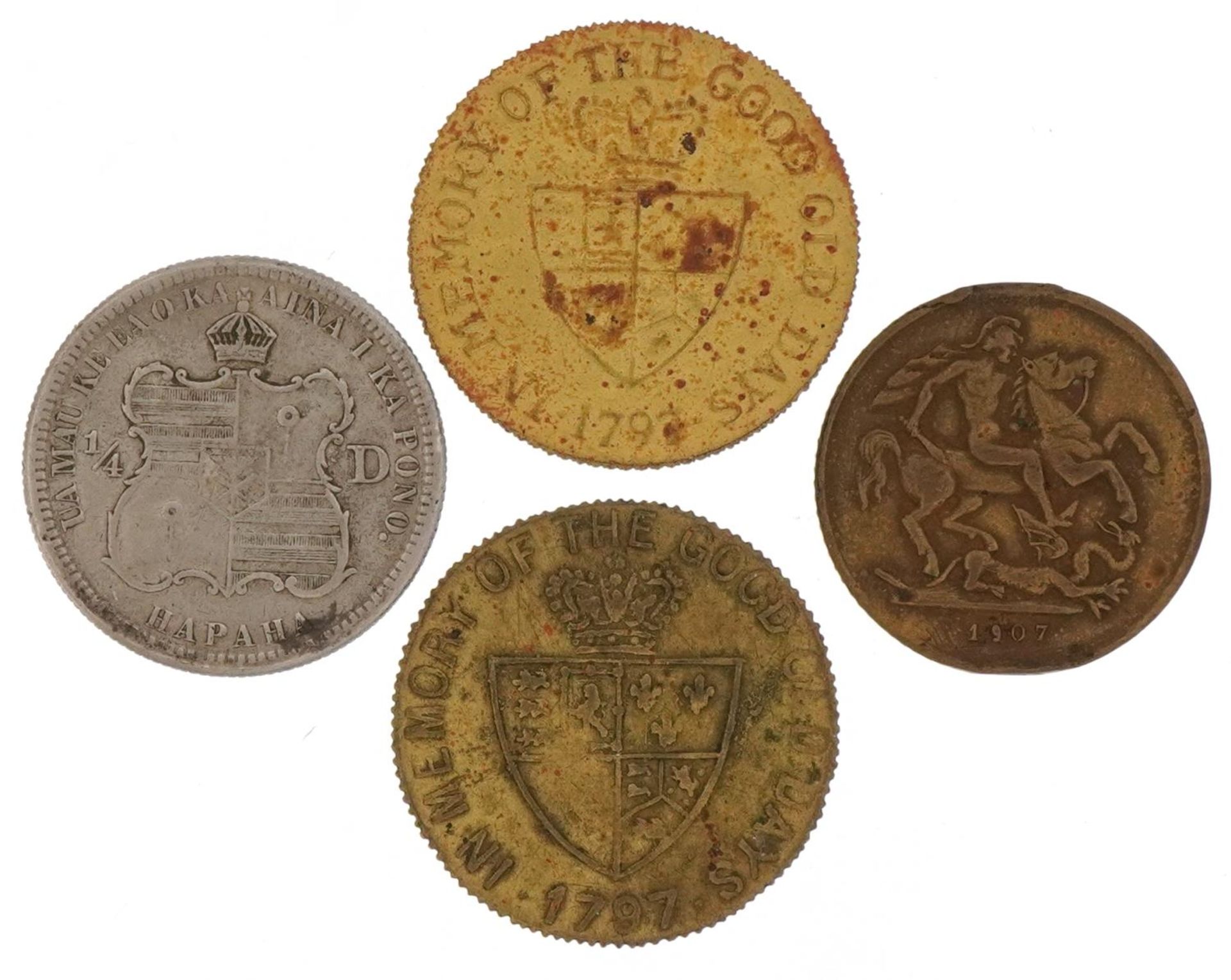 Calakaua King of Hawaii 1883 quarter dollar, George III metal tokens and Edward VII token - Image 2 of 2