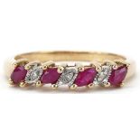 9ct gold pink spinel and diamond half eternity ring, size P, 2.5g