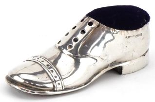 S Blanckensee & Son Ltd, large George V silver pin cushion in the form of a shoe, Chester 1912, 13cm