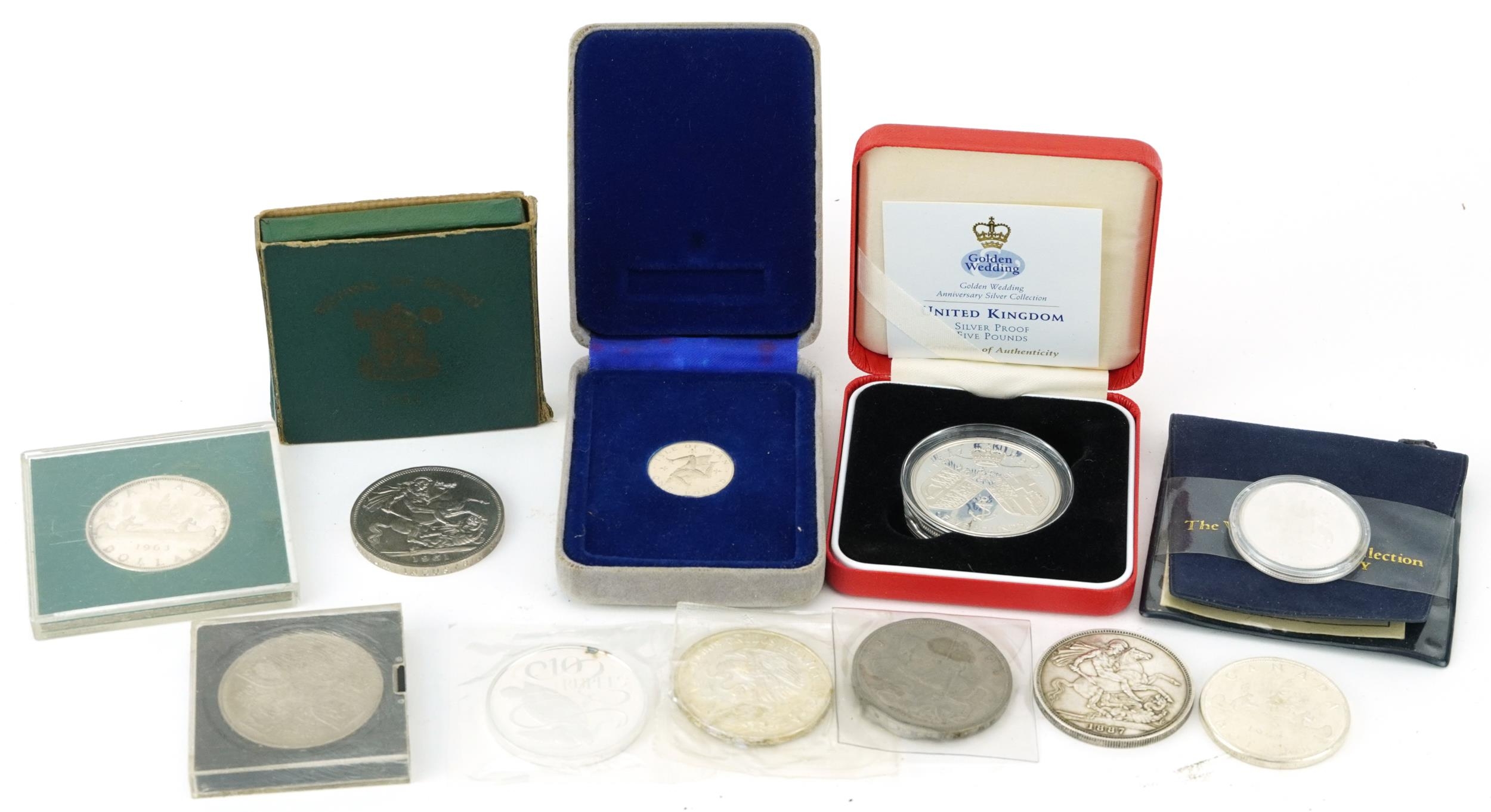 Victorian 1887 silver crown, Isle of Man one pound, Golden Wedding silver proof five pound, two