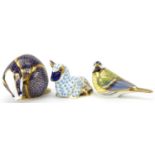 Royal Crown Derby Great Tit, Lamb and Badger paperweights with gold stoppers, the largest 11cm in