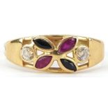 18ct gold multi gem flower head ring, size Q, 2.1g