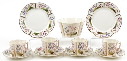 Victorian teaware decorated with ferns and flowers comprising four cups, three saucers, two side