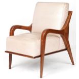 Scandinavian design hardwood lounge chair having cream upholstered back and seat, 86cm H x 62.5cm