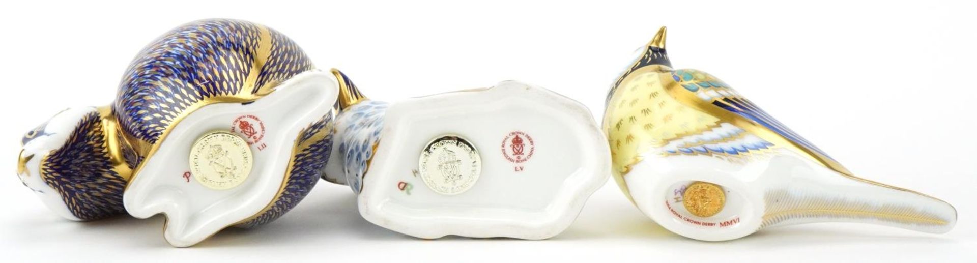 Royal Crown Derby Great Tit, Lamb and Badger paperweights with gold stoppers, the largest 11cm in - Image 3 of 3