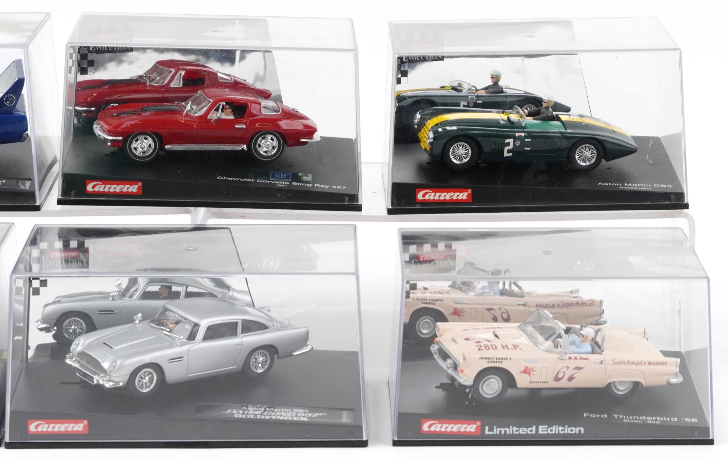 Six Carrera Evolution slot cars with cases comprising Aston Martin DB3, Chevrolet Corvette - Image 3 of 3