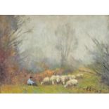 Flock of sheep with figure, Impressionist oil on wood panel, bearing an indistinct signature,