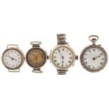 Three antique ladies silver wristwatches and a ladies silver open face pocket watch, three with