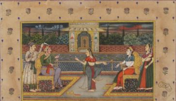 Attendant with dancer, Indian Mughal school gouache, mounted, framed and glazed, 24cm x 14.5cm