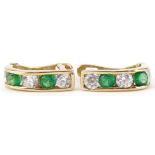 Pair of 9ct gold cubic zirconia and green stone hoop earrings, each 9.5mm high, total 0.7g