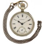 British military issue gentlemen's white metal open face keyless pocket watch having enamelled and