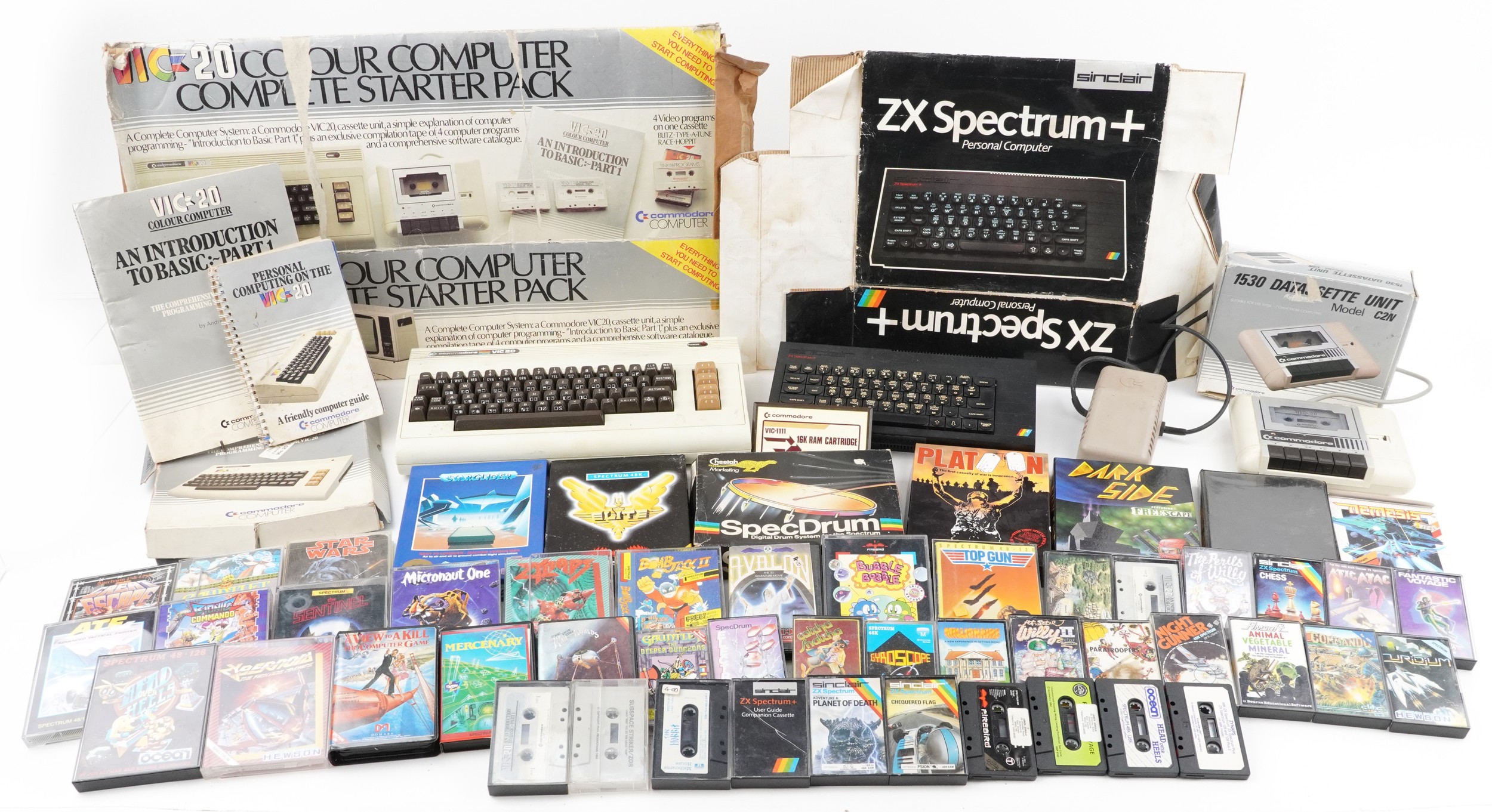 Commodore ZX Spectrum personal computer with accessories and games including 1530 Datasette unit