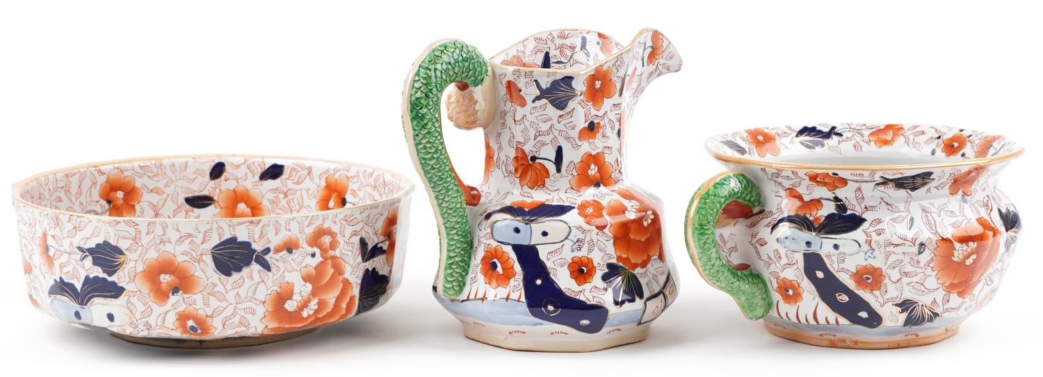 Masons style ironstone wash jug, basin and chamber pot, each decorated in the Imari palette with - Image 3 of 6