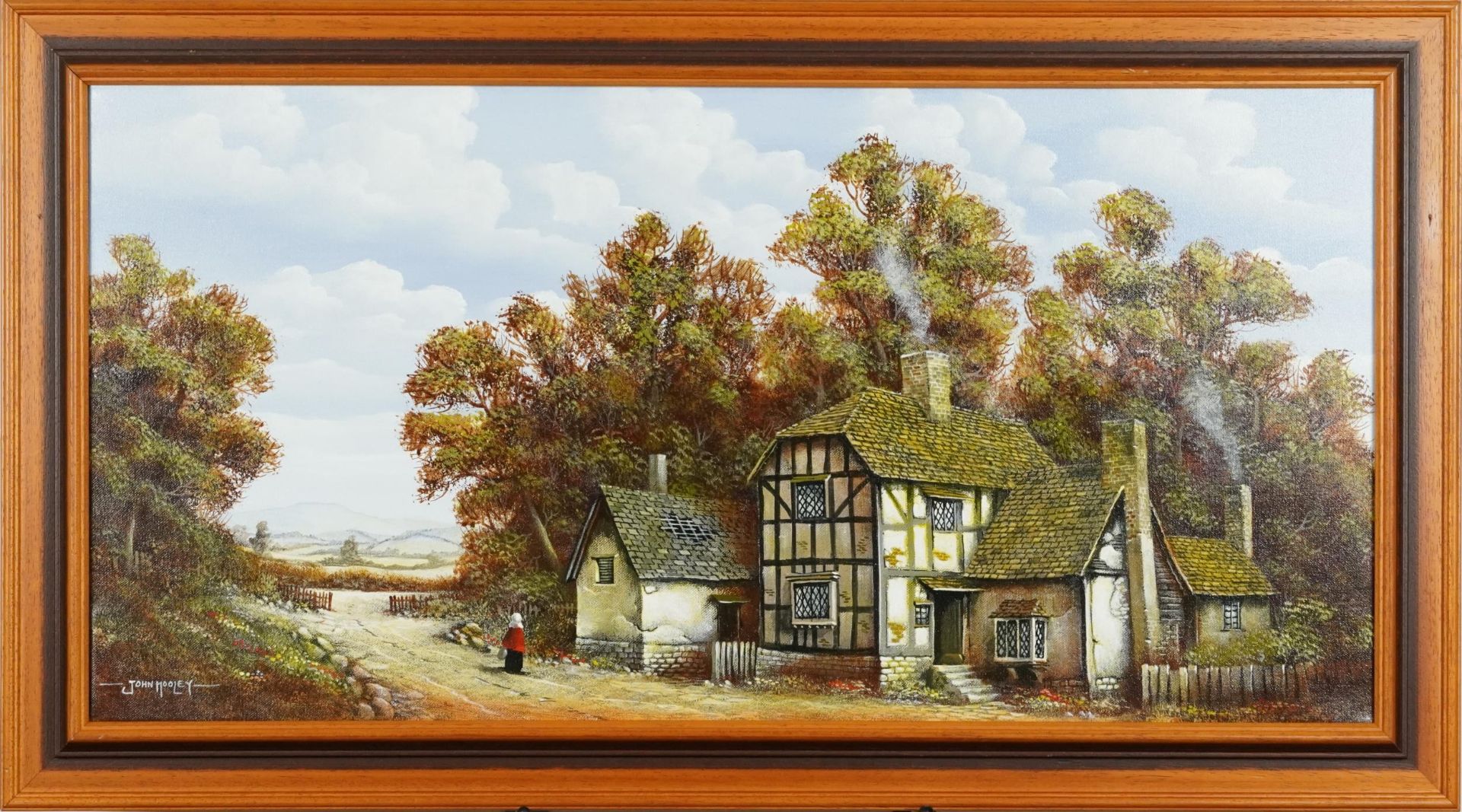 John Hooley - Woman in country lane beside houses, oil on canvas in a contemporary frame, 69cm x - Bild 2 aus 5