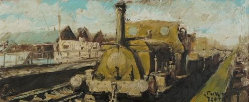 After Jack Butler Yeats - Locomotive at station, oil on board, mounted and framed, 60.5cm x 25cm