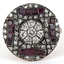 Art Deco style unmarked rose gold and silver diamond and ruby cocktail ring, total diamond weight