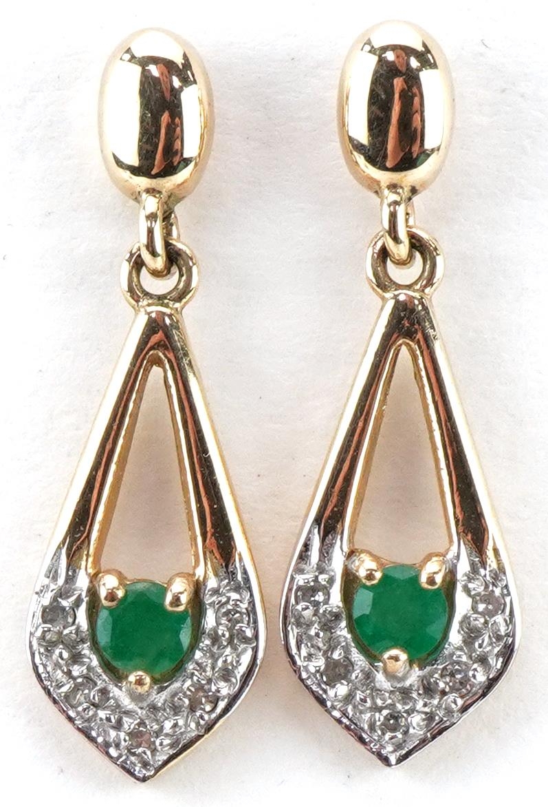 Pair of 9ct gold emerald and diamond drop earrings, each 2.5cm high, total 2.7g