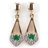 Pair of 9ct gold emerald and diamond drop earrings, each 2.5cm high, total 2.7g