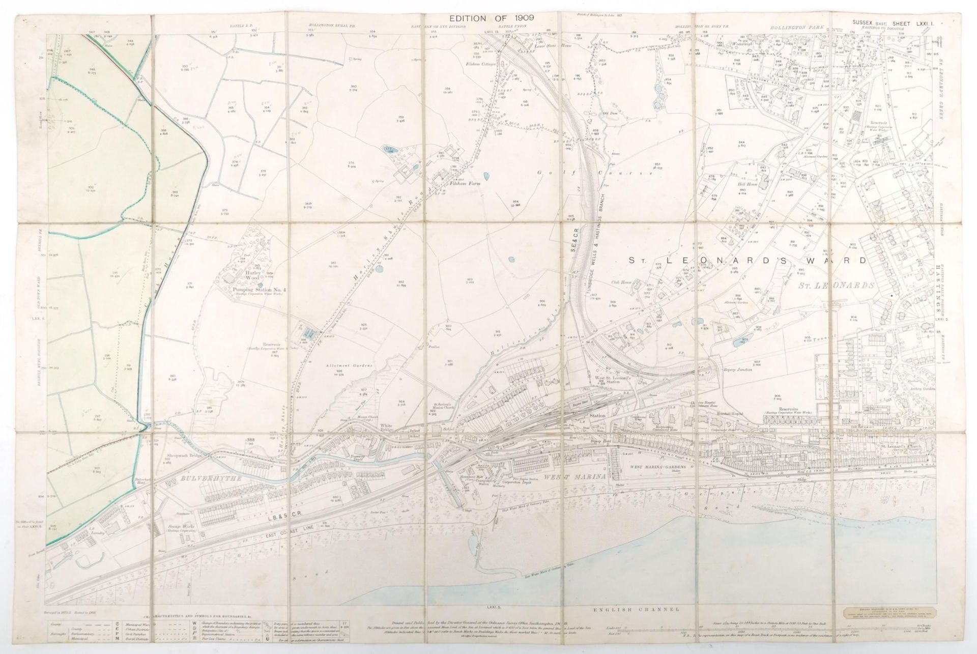 Nine Edwardian coloured folding maps of Sussex farms including Pebsham Farm, Court Lodge Farm, Upper - Image 10 of 21