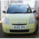 2007 manual Citroen C2, 1.4 petrol three door hatchback, Reg GL07 JFG, No key, No V5, No MOT, This