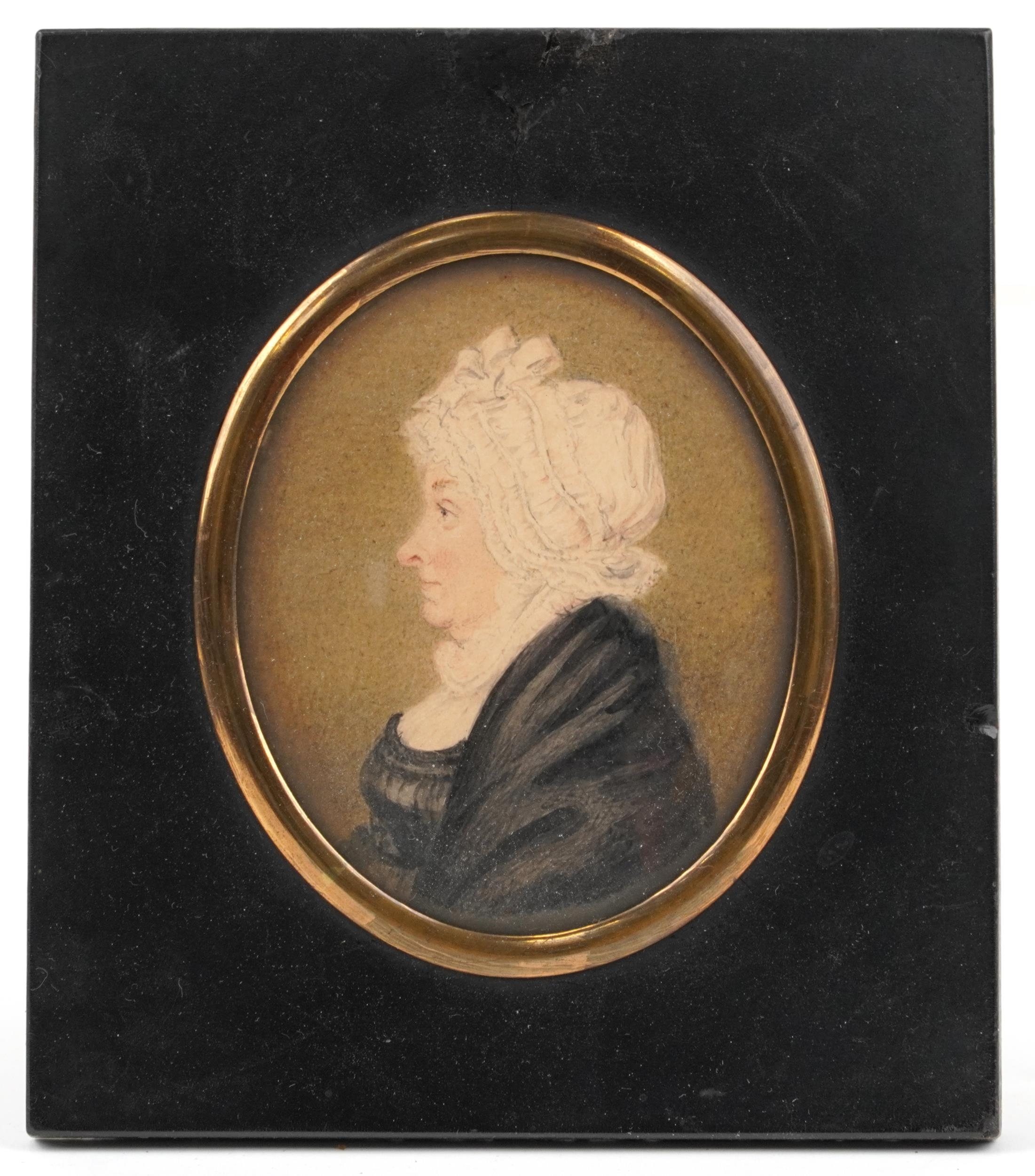 Three Georgian oval hand painted portrait miniatures housed in ebonised frames, including one of - Image 4 of 12