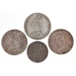 Victorian silver coins including 1892 crown, two double florins dates 1887 and 1889 and Gothic