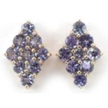 Pair of Mexican 10K gold purple stone marquis cluster stud earrings, each 1.8cm high, total 1.1g