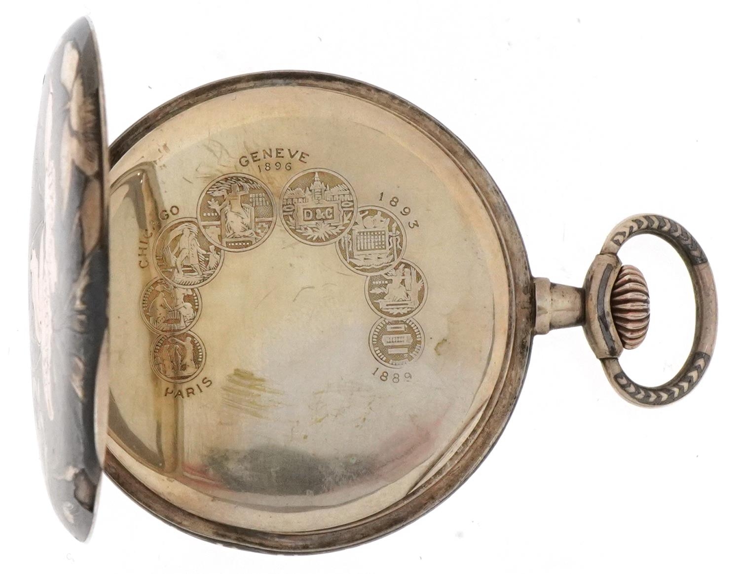 French Art Deco silver and gold niello work open face keyless pocket watch having silvered and - Image 5 of 5