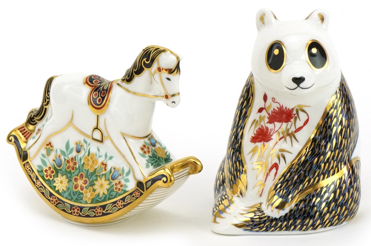 Royal Crown Derby Rocking Horse Treasures of Childhood paperweight with gold stopper and a Panda