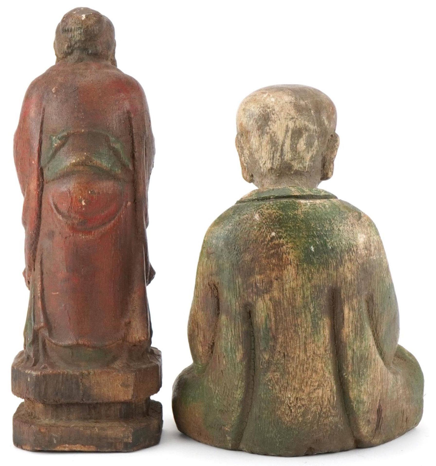 Chinese polychrome painted carved wood seated Buddha and an Elder figure, the largest 27cm high - Image 3 of 6