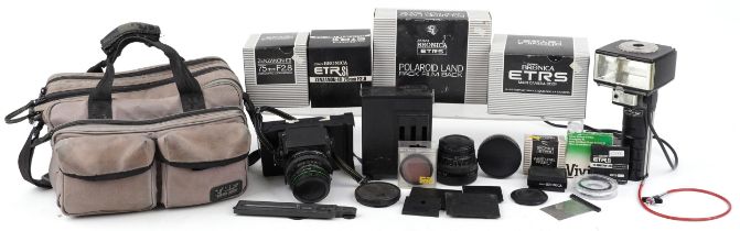 Zenza Bronica ETRS camera with accessories including Metz Mecablitz 60 CT-4, some with boxes