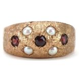 Modernist 9ct gold garnet and cultured pearl cluster ring, size R, 4.2g